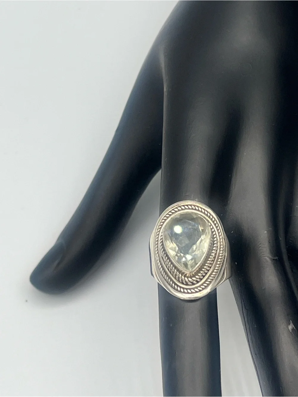 Elegant Teardrop / Pear Brittania Silver Ring with Faceted 5ct Green Amethyst